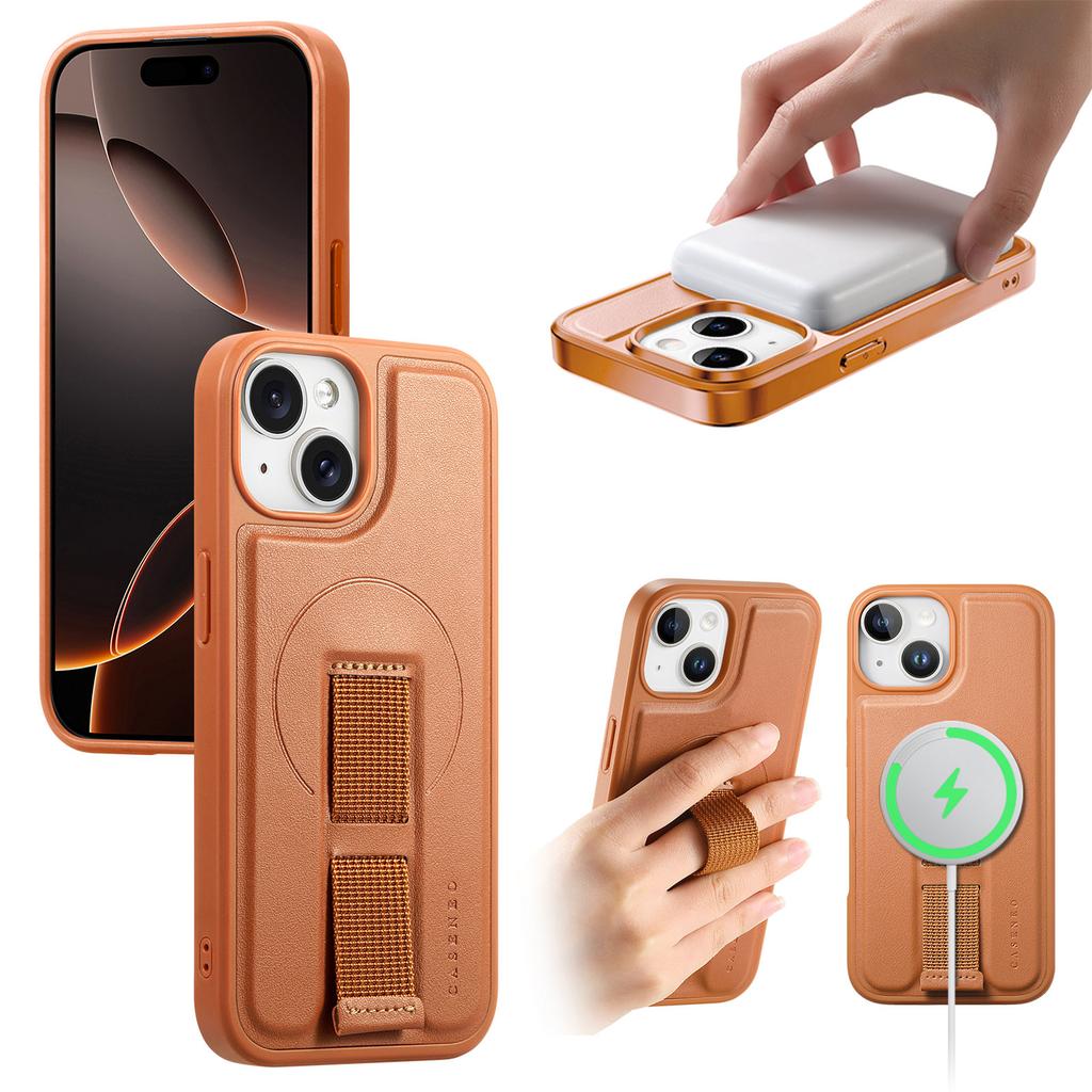 For iPhone 14/iPhone 13 6.1 inch Magnetic Case CASENEO Wristband PU Leather+PC Shockproof Phone Cover