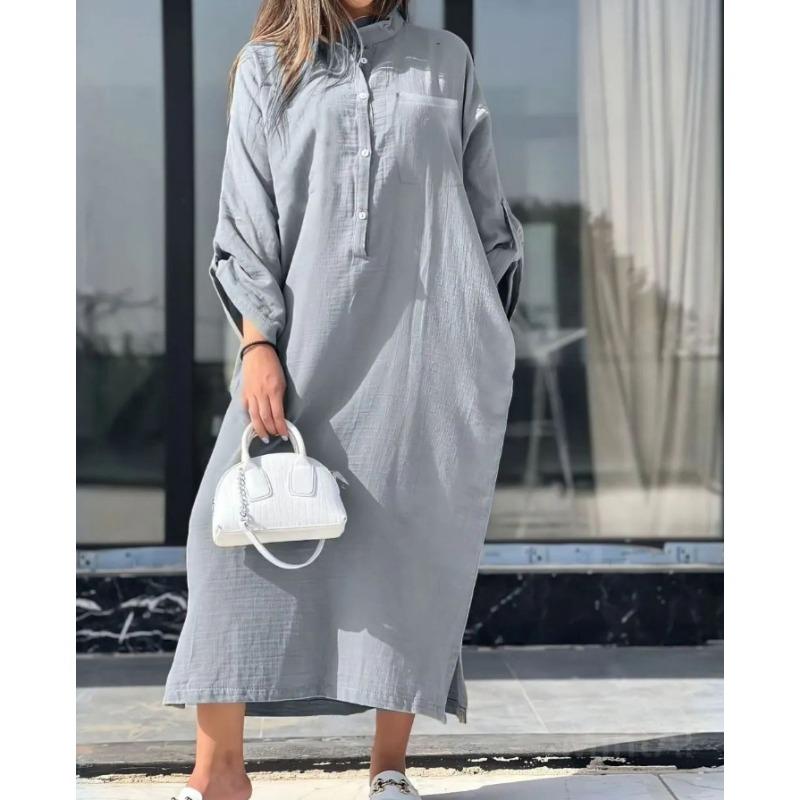 Винтажные женские летние хлопковые льняные длинные платья с воротником-рубашкой и закрученными пуговицами на каждый день