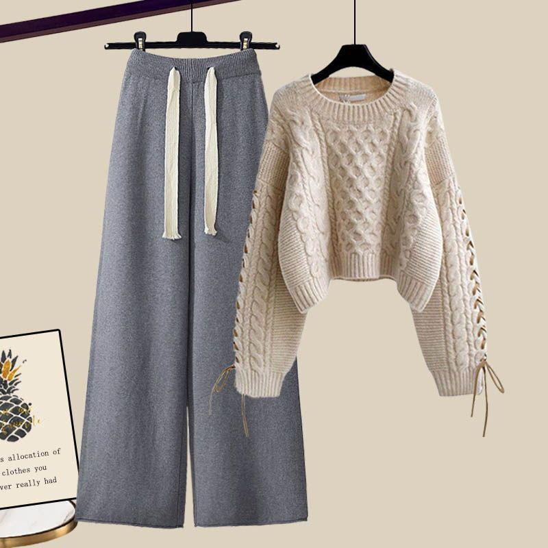 Plus-Size Women's Fashionable Knitted Sweater and Casual Pants Two-Piece Set for Autumn and Winter