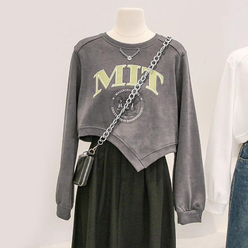 Женская свободная принтованная короткая женская толстовка с длинным рукавом и неровным подолом