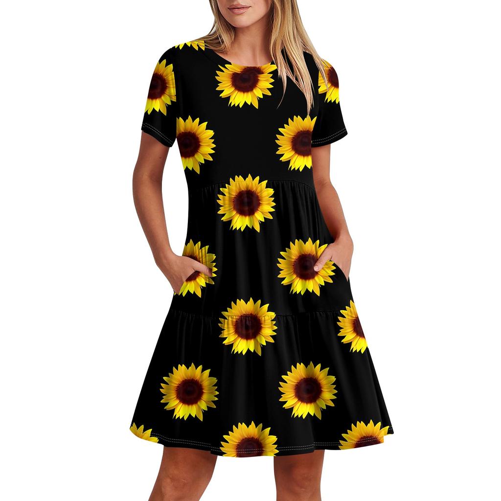 Женское повседневное модное платье-миди с круглым вырезом и коротким рукавом с принтом и карманом