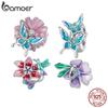 BAMOER 925 Sterling Silver Flower & Bird Bead Butterfly Charms for Women Original Bracelet & Bangle Enamel Process Fine Jewelry