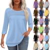 Женская мода круглый вырез шея плиссированная передняя планка однотонный топ рукав 3/4
