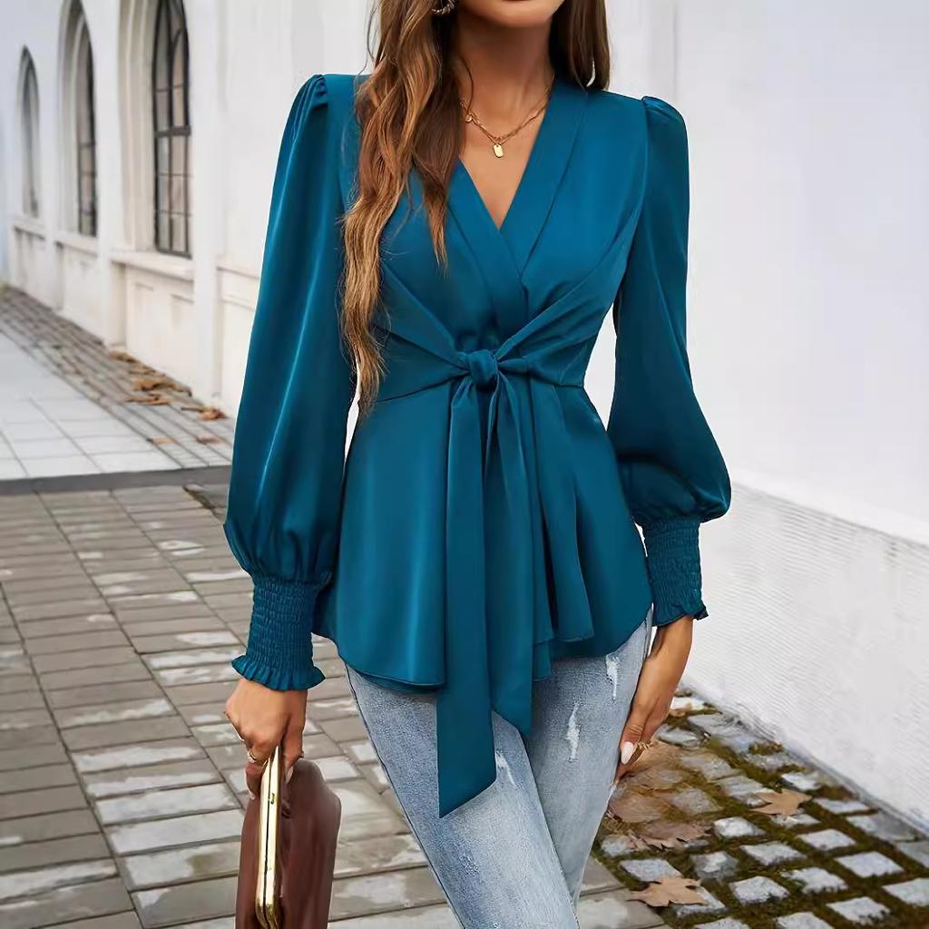 Женская осенне-зимняя повседневная однотонная рубашка с V-образным вырезом и длинными рукавами