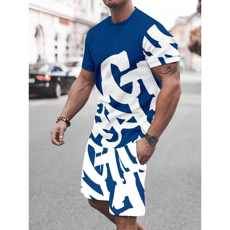 Мужской повседневный комплект одежды с 3D-принтом, удобная футболка из полиэстера и шорты на шнурке с геометрическим узором, идеально подходит для любого сезона