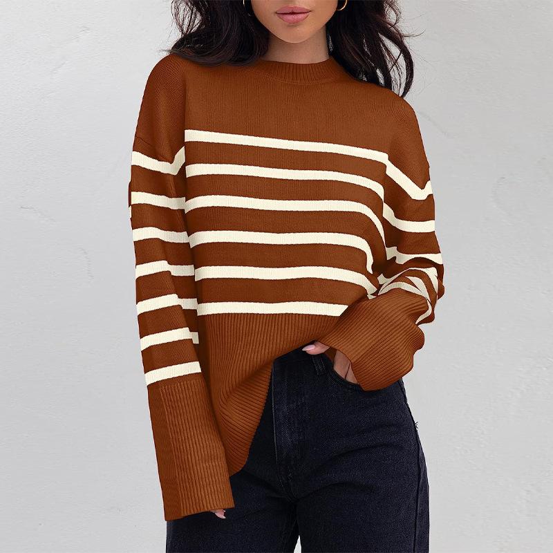 Women's knitted sweater 2025 autumn and winter new products European and American cross-border casual stripes loose crew neck pullover sweater