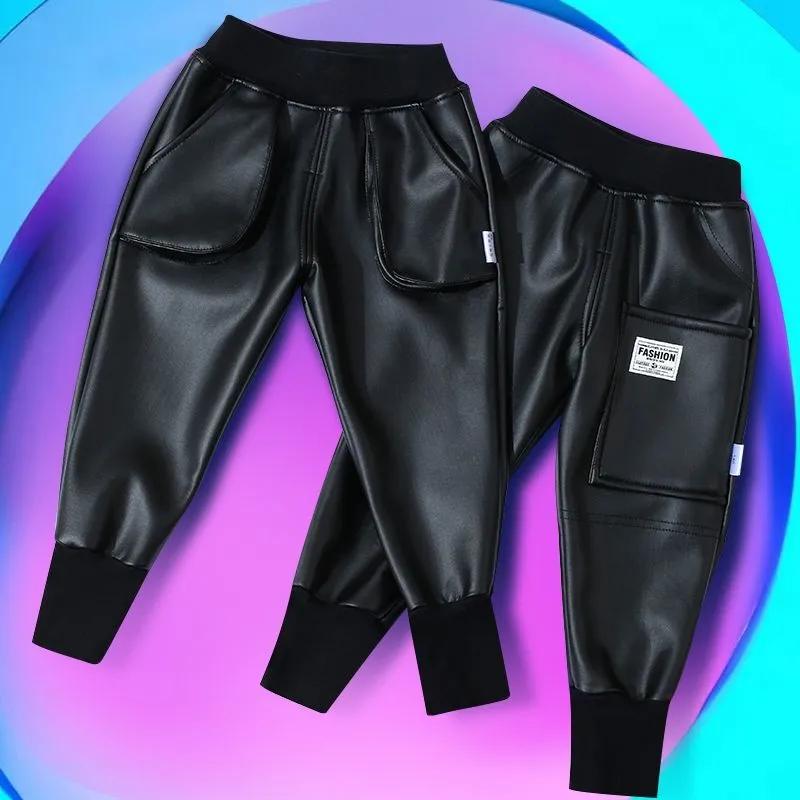 Детские кожаные штаны осень-зима плюс бархат утолщенные теплые и ветрозащитные кожаные штаны водонепроницаемые детские штаны на шнурке