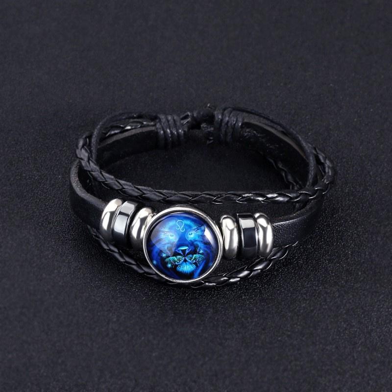 Night Light Up Zodiac Sign Braided Leather Bracelet for Men Women - 12 Constellation Horoscope Adjustable Wristband