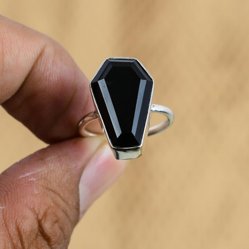 925 Silver Natural Black Onyx Coffin Sister Multi Stone Boho Ring Jewelry Size 8