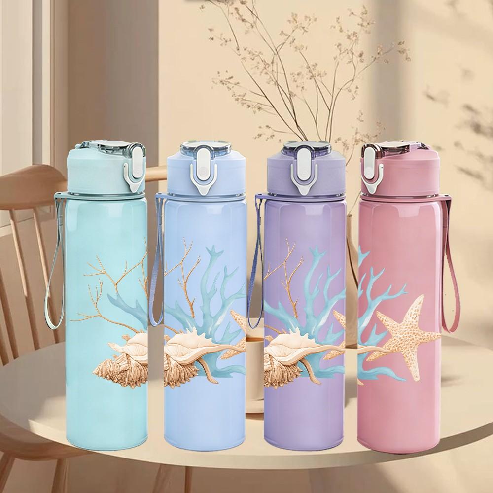 1PC Coral Starfish Ocean Art Print 750ml Color Plastic Sports Water Bottle Leakproof Flip Straw Lid Suitable for Sports Office Home Use