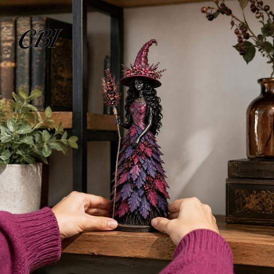Autumn Home Decor Witch Figurine Statue, Resin Halloween Fall Tabletop Decor, Seasonal Mantle Display Shelf Ornament for Mantel Fireplace Desk Tiered