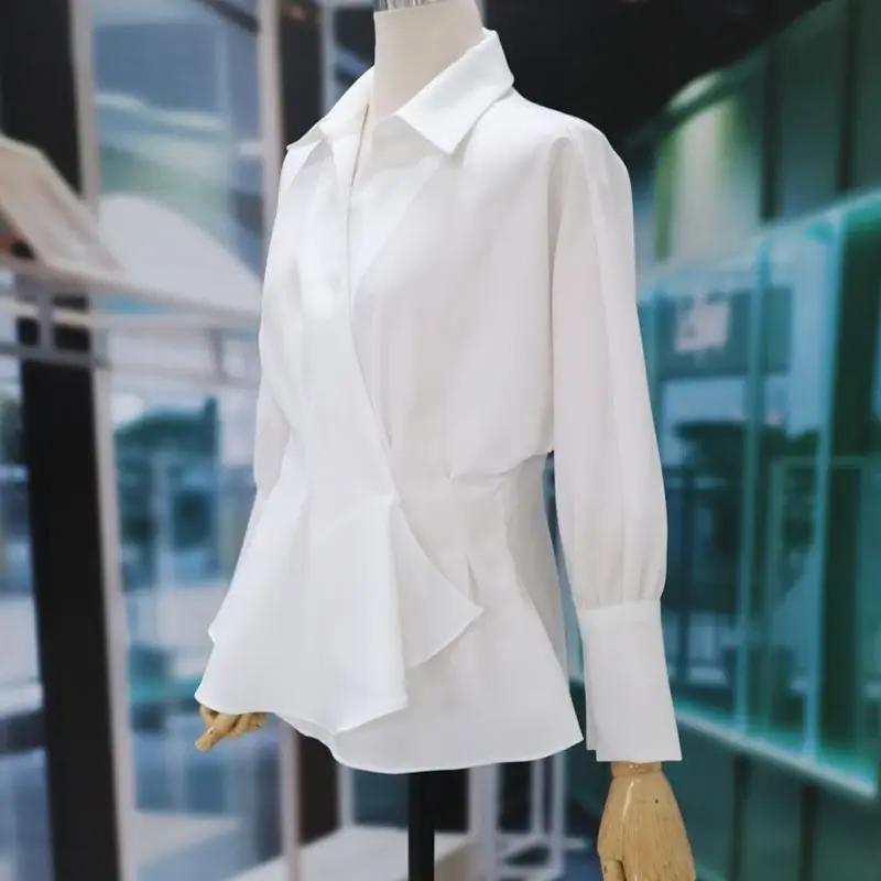 Lady Elegant Shirt Female Spring Fall Long-Sleeved Slim Pleated V-Neck Skinny Office Tops