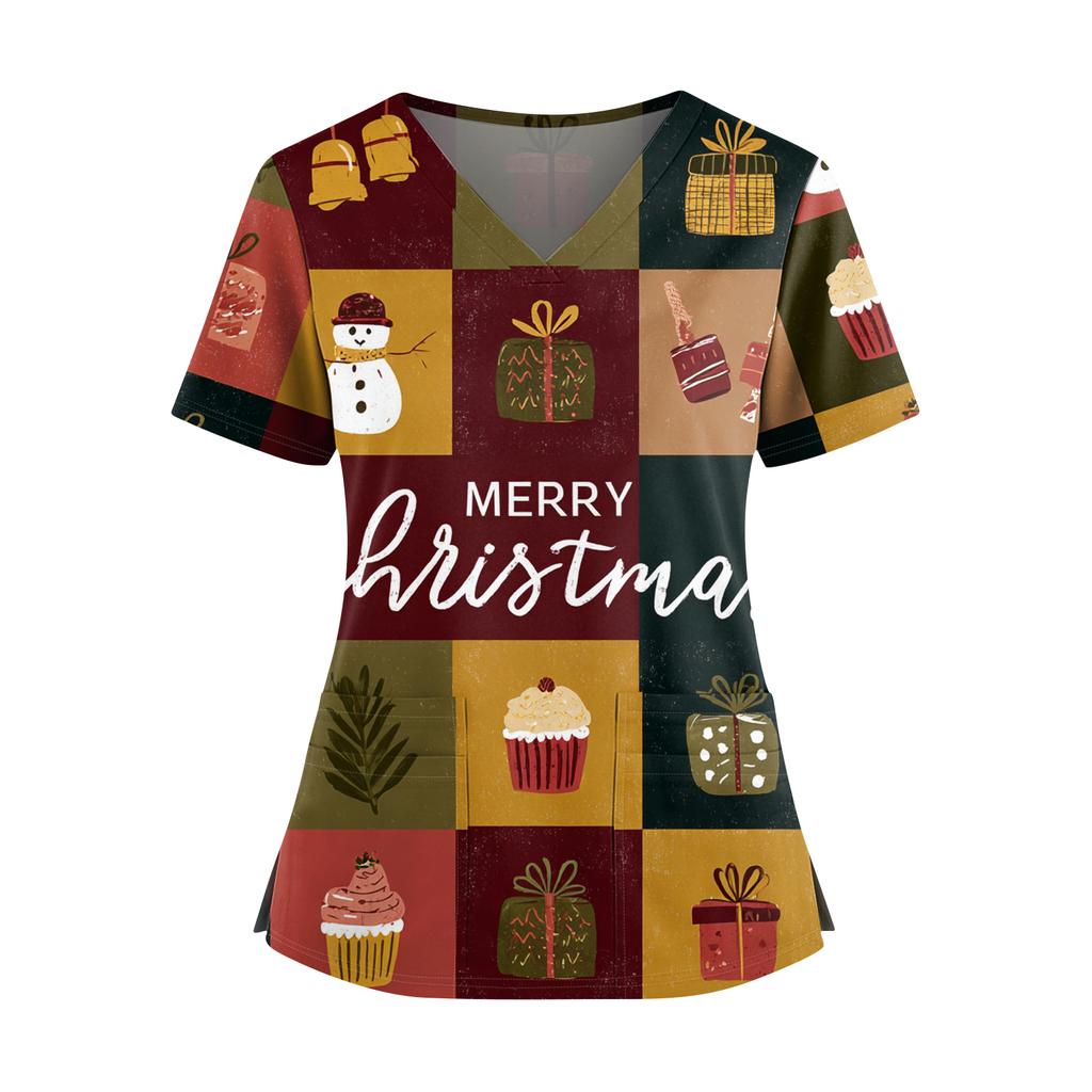 Женский топ с рождественским принтом, V-образным вырезом, двумя карманами, короткими рукавами, разрезом по подолу, униформа и одежда для ухода