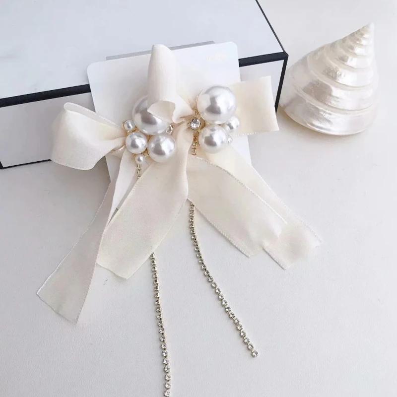 Длинные серьги-кисточки с жемчужным бантом и лентой для женщин, модные ювелирные изделия, серьги-кисточки