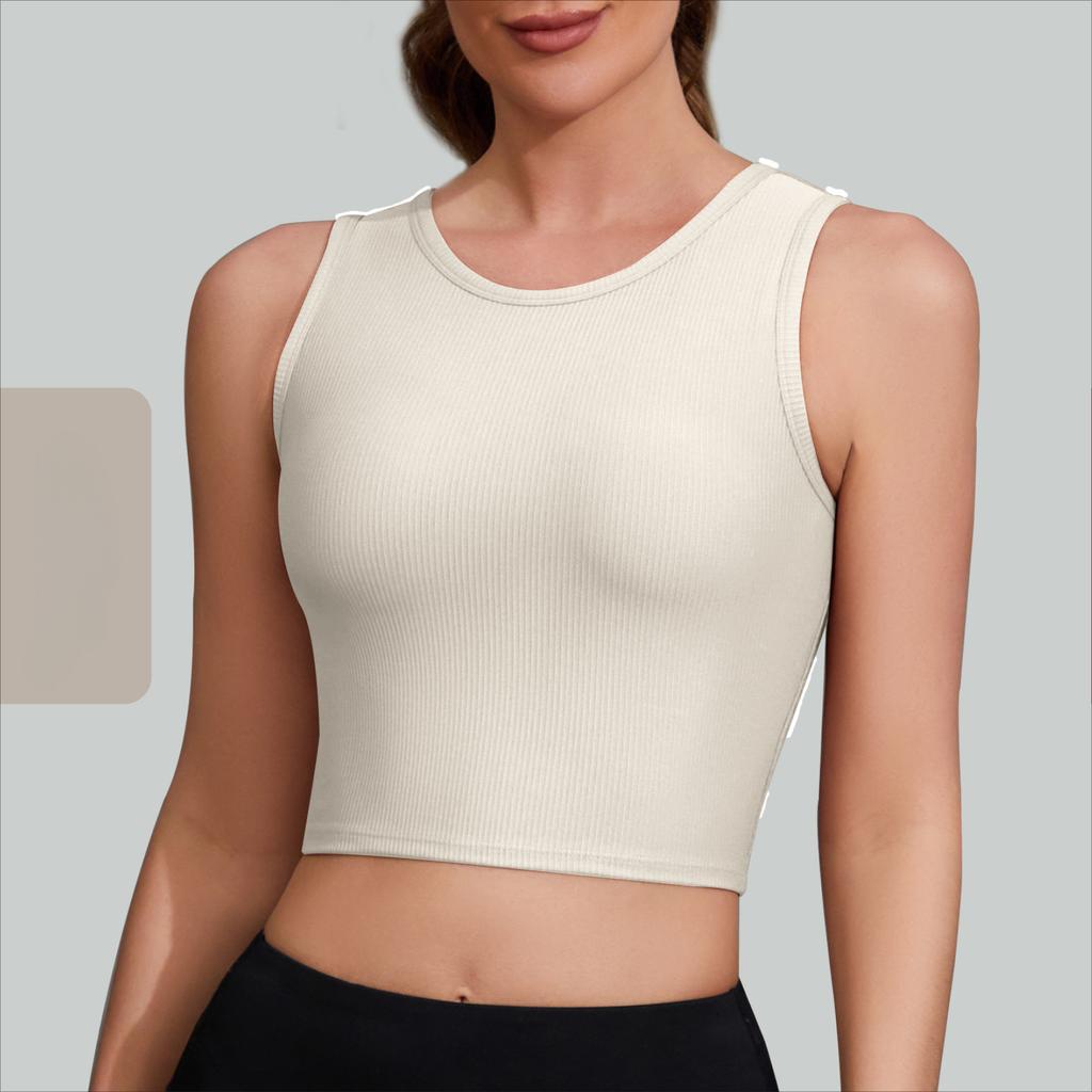 Women's Thin with Chest Pads Solid Colour Ribbed Shockproof Short Sports Fitness Yoga Tank Tops