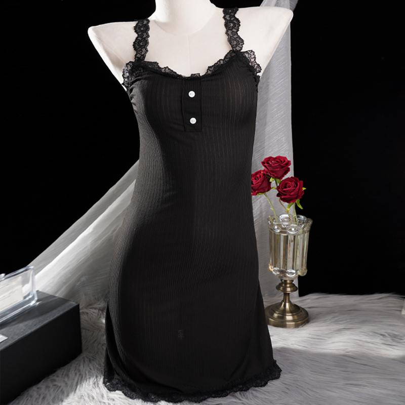 Женская элегантная ночная рубашка в рубчик с кружевной отделкой, без рукавов, V-образный вырез, декоративные пуговицы, платье-комбинация, удобная одежда для сна и отдыха