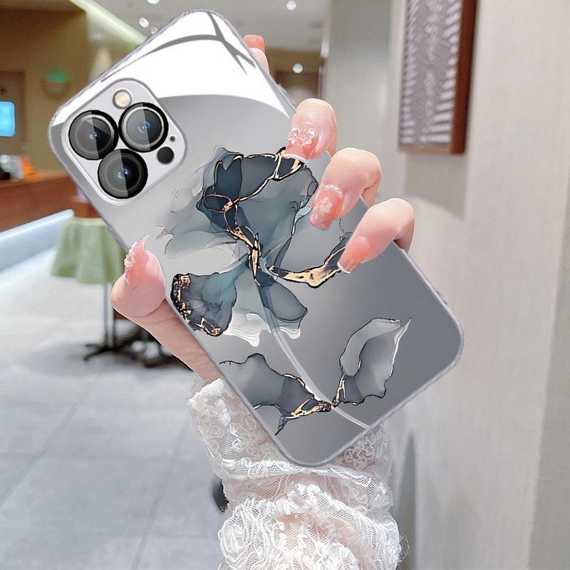 Стеклянный чехол для телефона с мраморным цветочным узором для iPhone 15 14 Pro Max 13 12 11, противоударный защитный чехол для объектива камеры