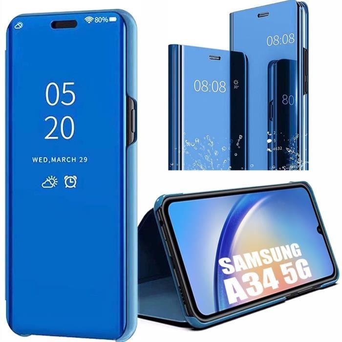 Coque de protection pour Samsung Galaxy A34 5G - BOOLING - Rabat Effet Miroir - Protection Antichoc - Bleu