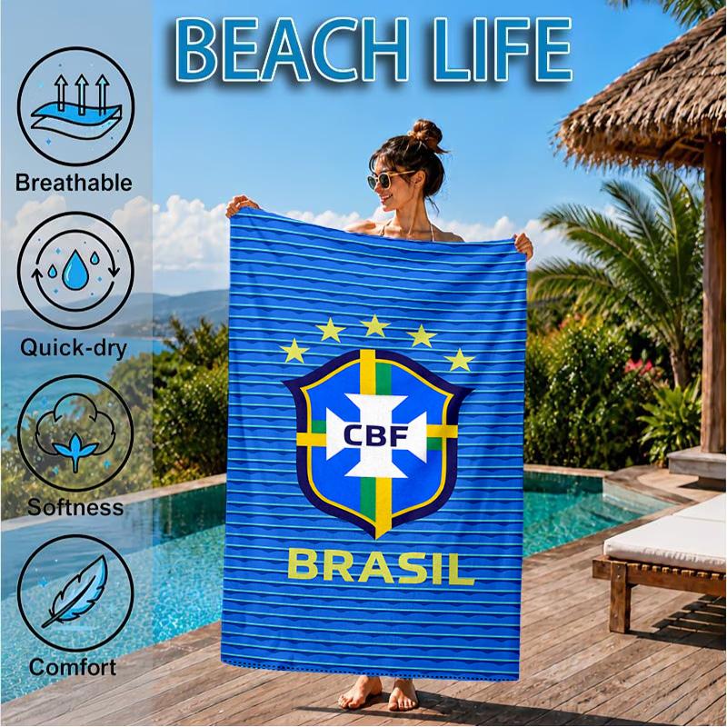 Brazilian Football Emblem Printed Microfiber Beach Towel, Soft And Absorbent, Quick-Dry, Ideal for Summer Travel, Beach Essential, Swimming Pool