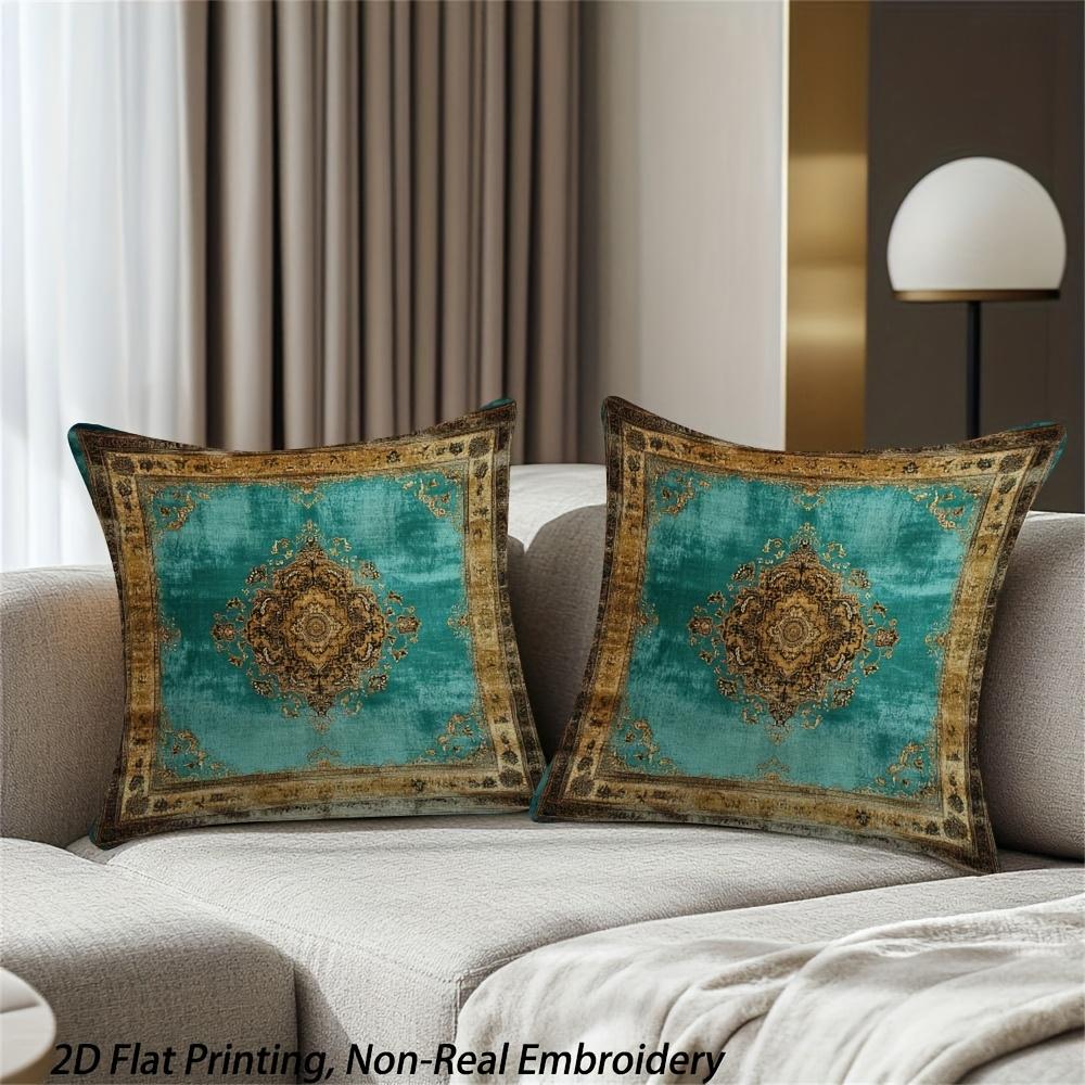 Short Plush Material Pillowcase2Pcs Teal Pillowcases With Gold Patterns , Suitable For Decorative Pillow Covers For Bedrooms, Li