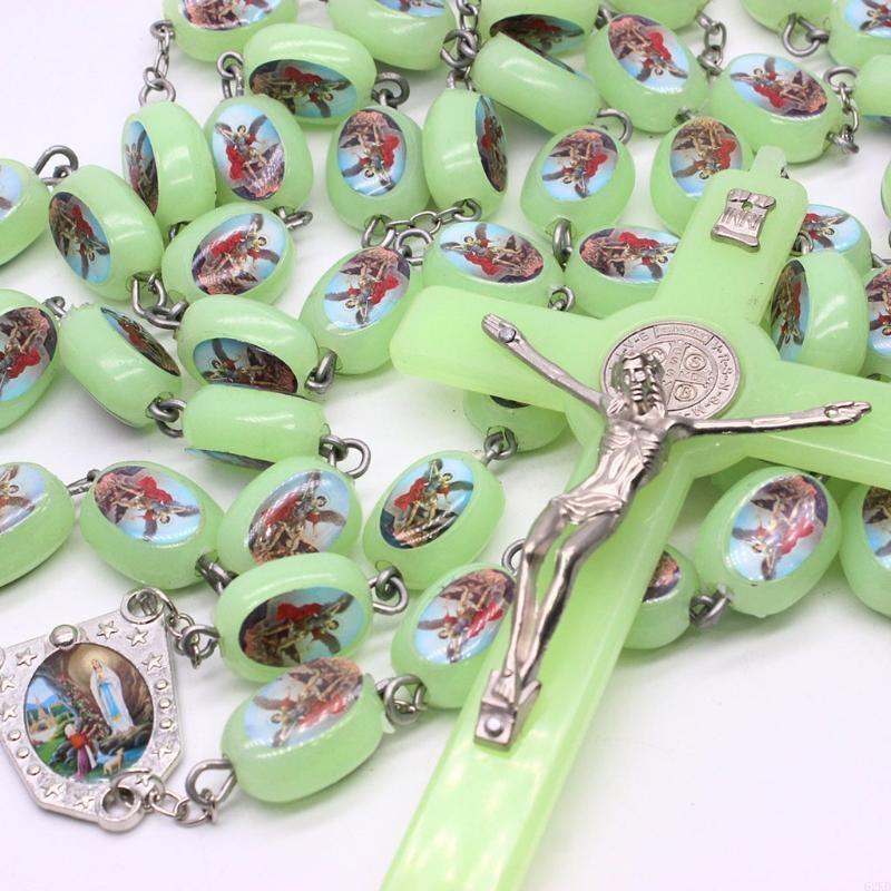 62KD Catholic Angel Virgin Mary Luminous Rosary Religious Beads Wall Hanging Rosary for Cross Pendant Necklace Glow In The Da