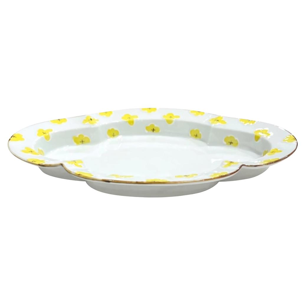 24to3 Nishitomi Ceramics Тарелка Имари Керамика Токусити Большая Тарелка 30 x 20 см hana Форма огурца Цветочный узор Мелкий цветок Желтый Сделано в