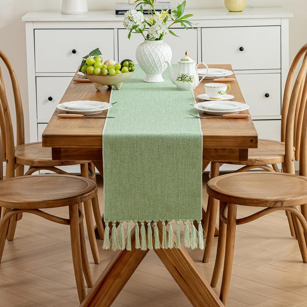 Tassel Table Runner, Linen Blend Rustic Farmhouse Style Kitchen Table Decoration Holiday Wedding Party Dinning Decor