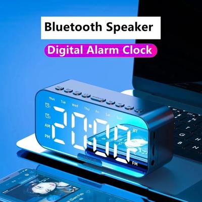1 шт. Цифровой светодиодный будильник с Bluetooth, динамиком, зеркальным дисплеем, для спальни, офиса, настольный, с отображением температуры, FM-радио