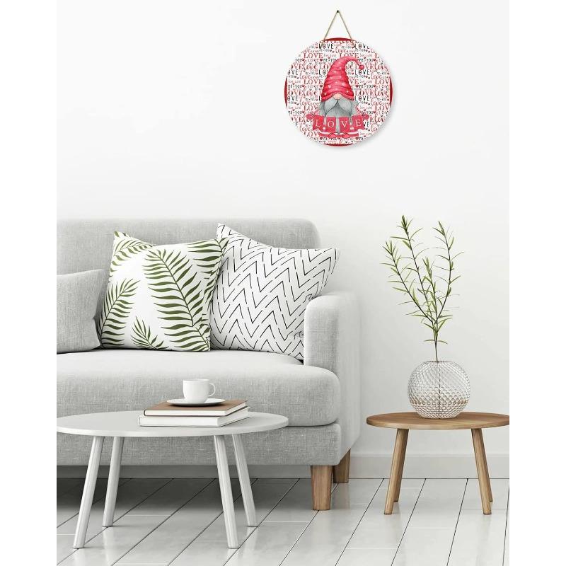 Welcome Sign for Front Door Decor, Valentine's Day Pink Gnome Wood Door Hanger for Outdoor Outside Porch, Round Wooden Wreath Indoor Wall Hanging