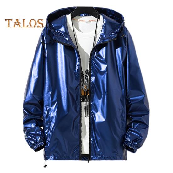 Men Shiny Glossy Coat Hooded Long Sleeve Teenager Coat with Adjustable Drawstrings Cuffed Sleeves Bright Surface Jacket