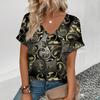 Oversize Woman Tshirt Women's V Neck Short Sleeve T-Shirts Clothing Fashions Loose Pullover Line Printed Top Ventilate 2024 New