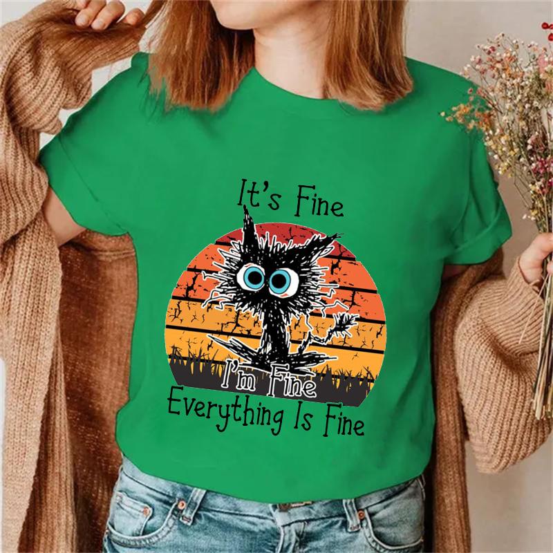 It's Fine, I'm Fine, все прекрасно, женские модные футболки с принтом, футболки с забавным принтом кота, женские футболки, женские футболки