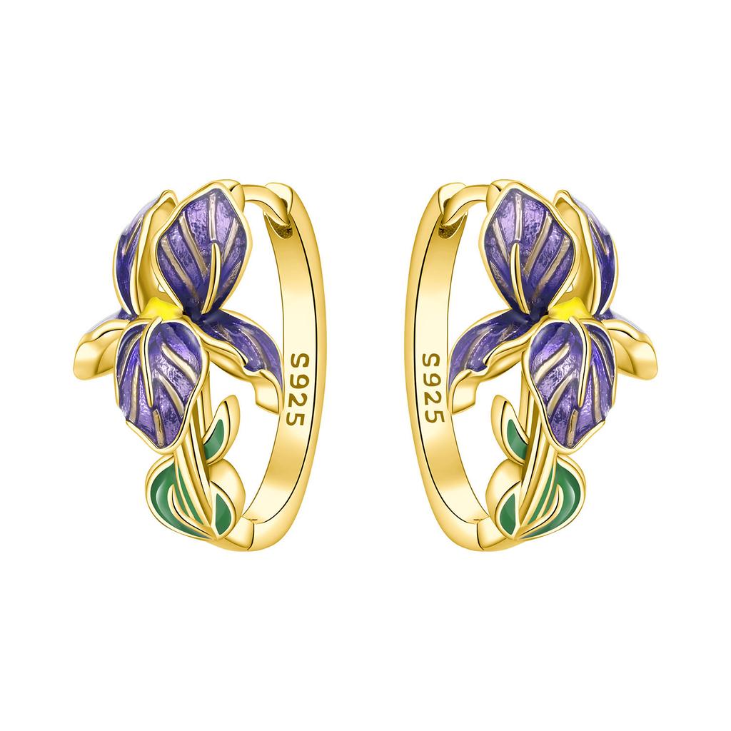 Original NEW S925 Silver Pink Purple Flowers Plants leaf Series Earring Hoop Earrings Women Jewelry Party Gifts