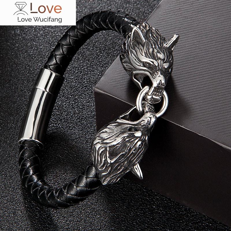 Браслет из нержавеющей стали с головой волка в стиле панк-рока, модные черные кожаные мужские ювелирные изделия оптом, аксессуары, подарки для друзей