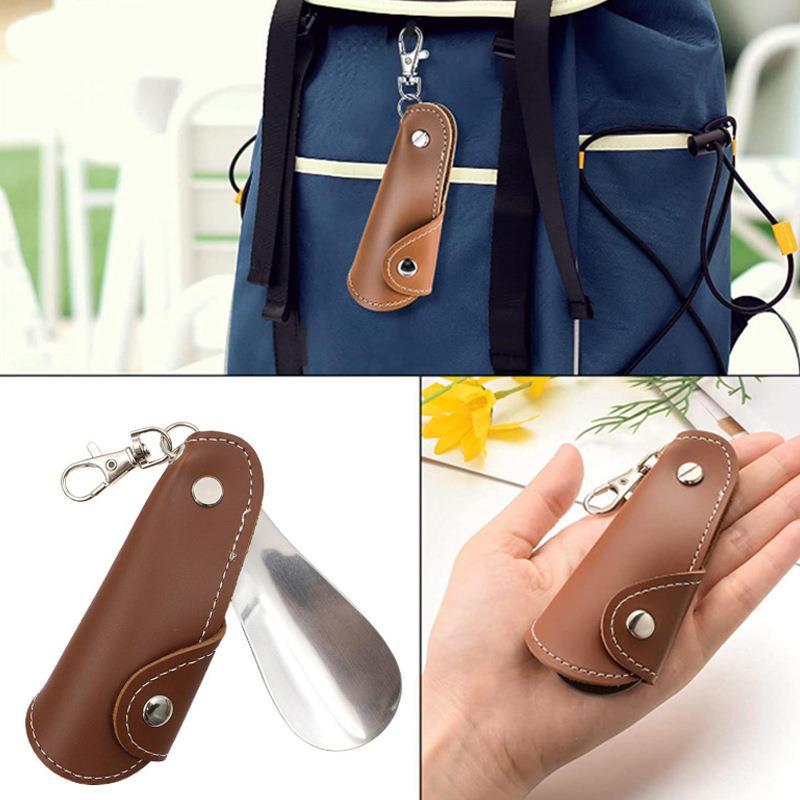 Metal & Leather Shoe Horn with Case - Unisex Mini Portable Shoe Puller with Hanging Buckle