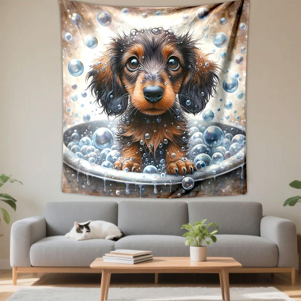 Cute Dachshund Puppy in Bubble Bath Patterned Tapestry Decorative Wall Hanging, Home Bedroom Living Room Decor