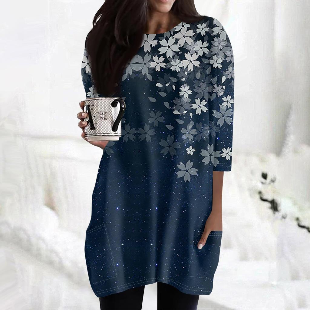 Женские повседневные рубашки с рукавами 3/4, модные туники с принтом, топы с карманами