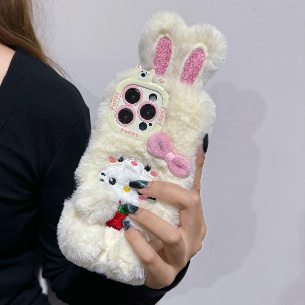 Cartoon Cute 3D Bow Plush Bunny Kawaii Phone Accessories for iPhone 16 Pro Max