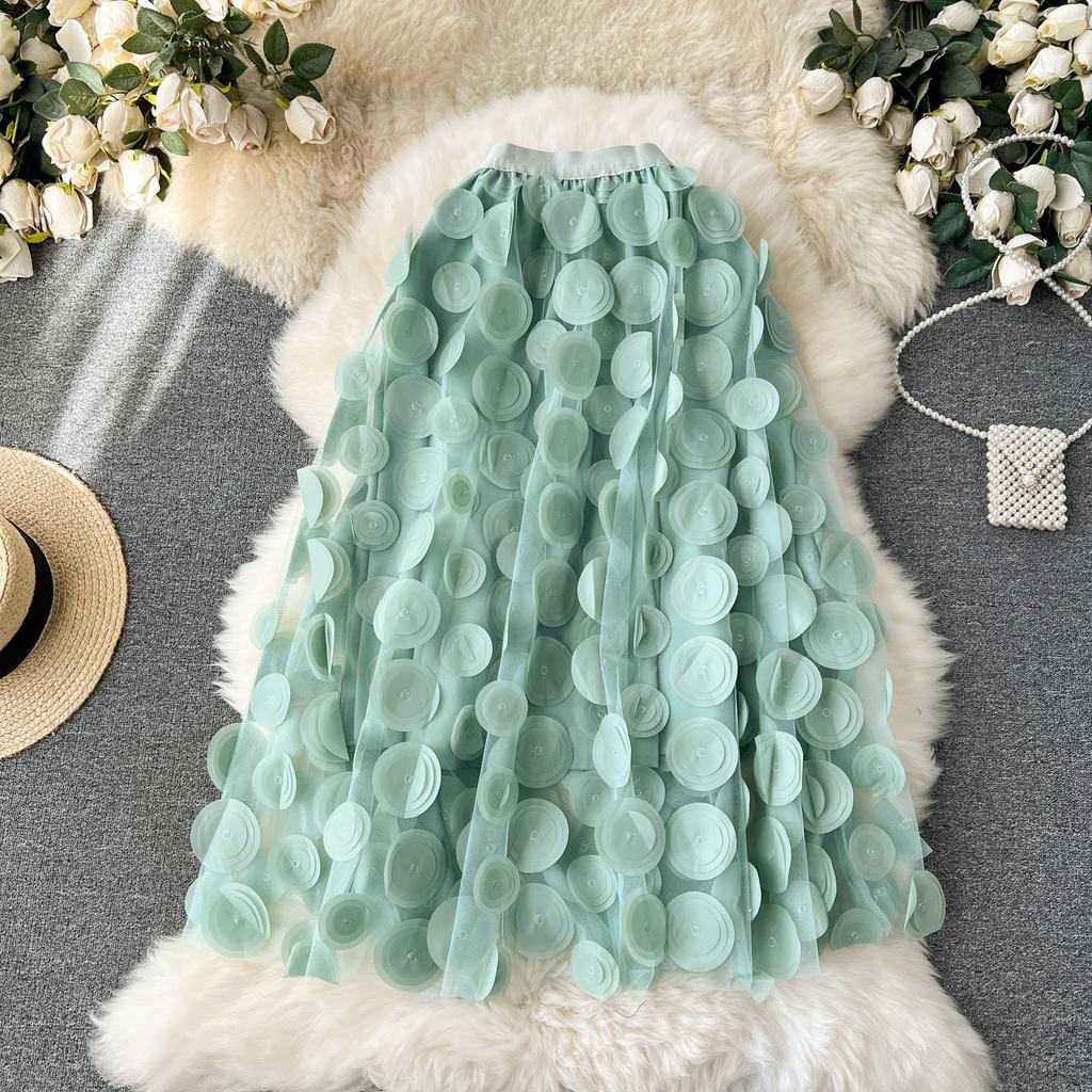 Летняя женская юбка миди с вышивкой в горошек, трехмерная, с большим клешем, из тюля