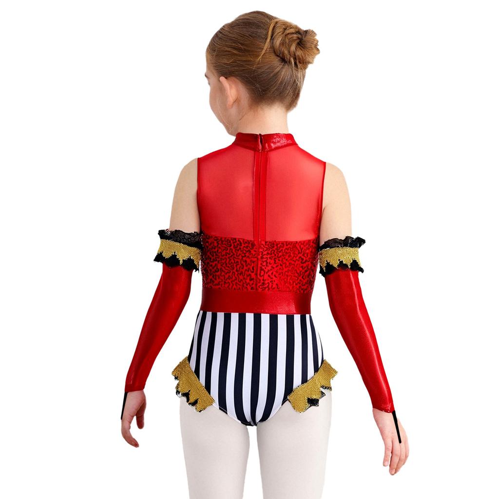 Girls Circus Costume Set Shiny Sequins Mock Neck Sleeveless Jumpsuit Matched Metallic Over Sleeve