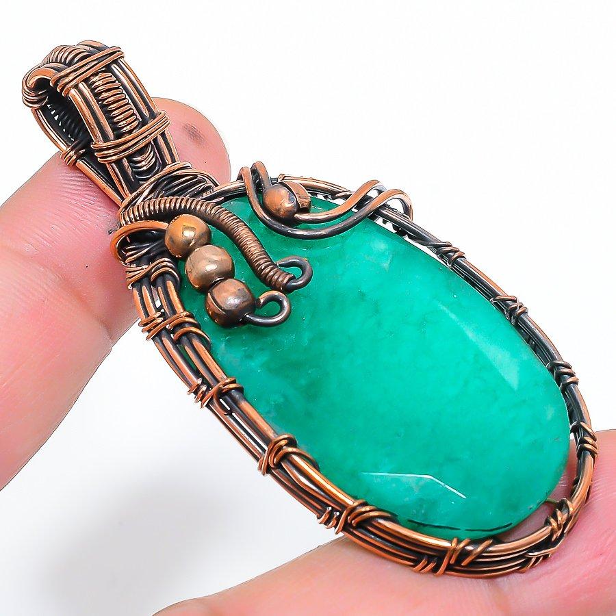 Emerald Natural Gemstone Handmade Copper Wire Wrap Pendant 2.72" N7f17