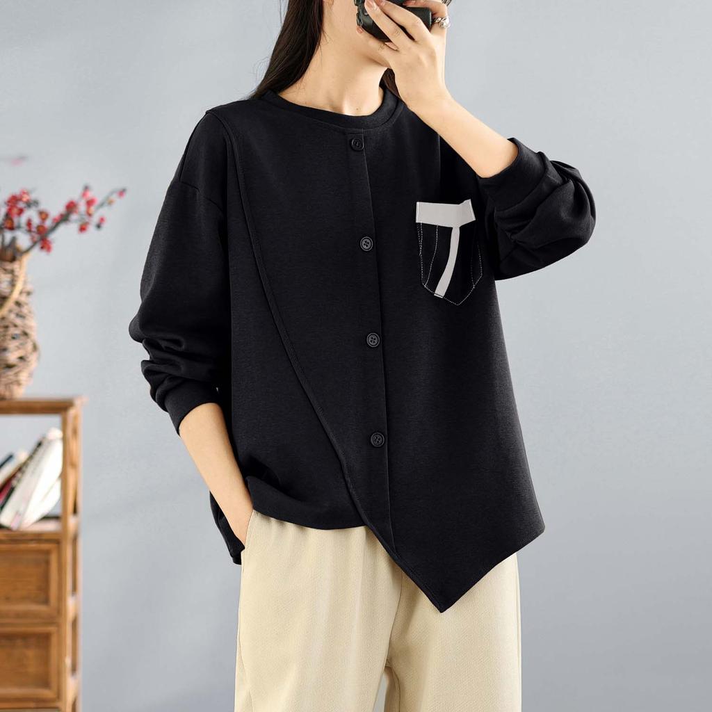 DIMANAF 2025 Осень Футболка больших размеров женская с длинным рукавом с круглым вырезом свободная однотонная топы футболки хлопок