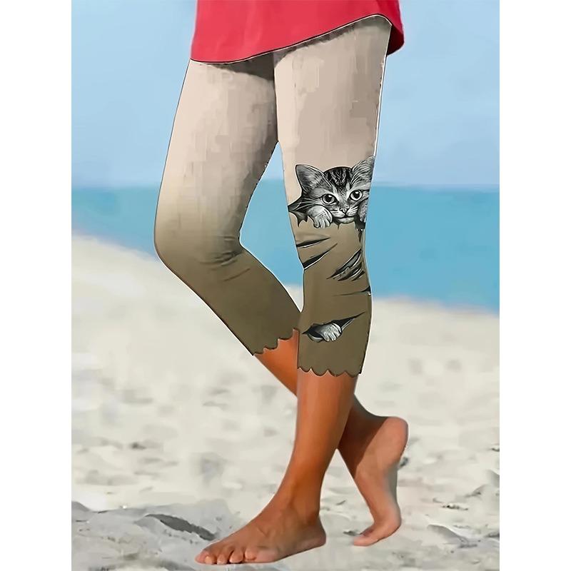 Повседневные женские леггинсы с принтом кота, капри, модные брюки для бега с высокой талией, элегантные узкие модные женские леггинсы, брюки 24520
