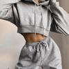 2 Pcs/Set Women Fall Hoodie Pants Set Long Sleeve Thick Hooded Short Top Drawstring Elastic Waist