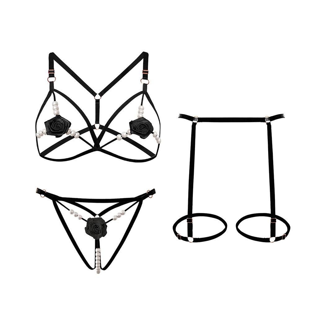 Floral Hollow Out Sexy Lingerie Set for Women Three Pcs Set Erotic Women's Underwear Erotic Outfit Open Bra Bodysuit Temptation