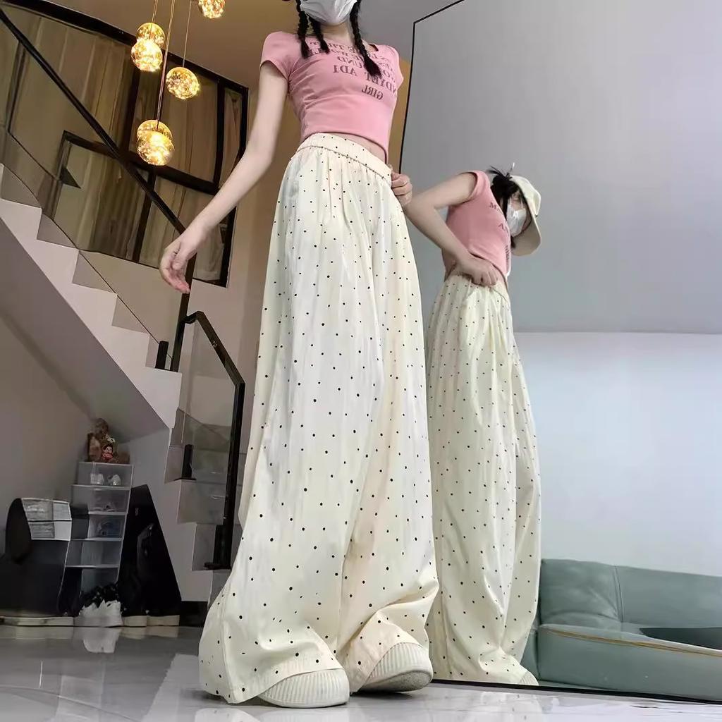 Polka Dot Ice Silk Cool Pants Wide-leg Pants for Women In Spring and Summer Thin High Waist Drape Straight-leg Pants Sun Protection Casual Trousers