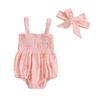 Baby Girl 2Pcs Summer Outfits Sleeveless Bow Print Smocked Romper with Headband Set Infant Clothes