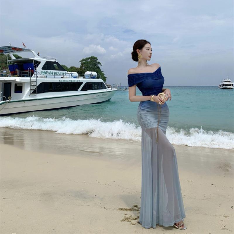 New Blue Gradual Change Mesh Word Shoulder Dress Female Sexy Temperament Slim Holiday Beach Dress