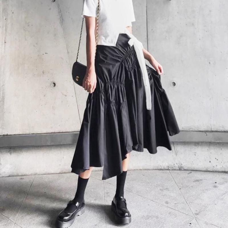 Qooth Women Ins Solid Color Pleated Asymmetrical A-line Skirt Casual High Waist Mid-length Long Skirt For Spring Summer QT2044