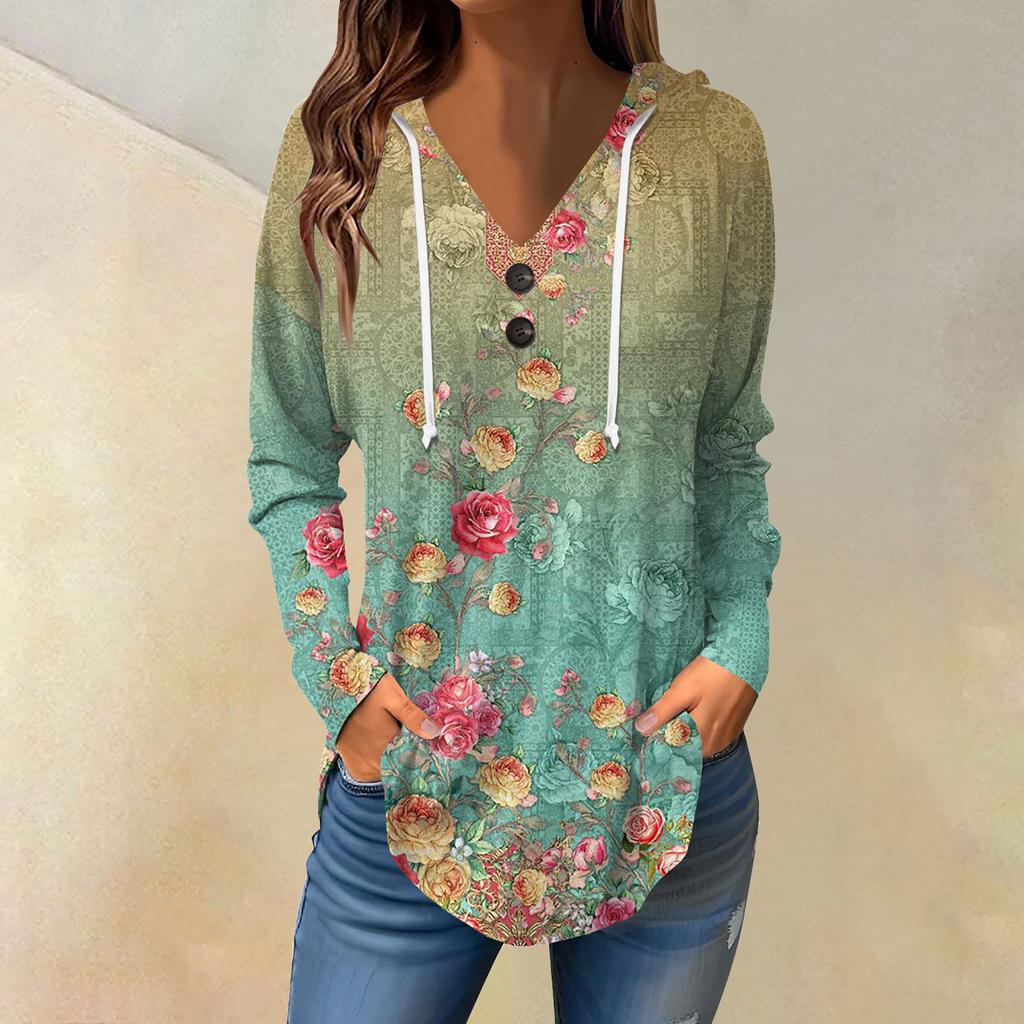 Женские повседневные модные однотонные толстовки с капюшоном на пуговицах и длинными рукавами с V-образным вырезом